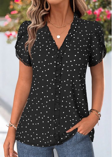 women clothes image of Black Polka Dot Patchwork Short Sleeve V Neck Blouse