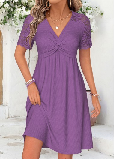women clothes image of Purple Short Twist V Neck Dress