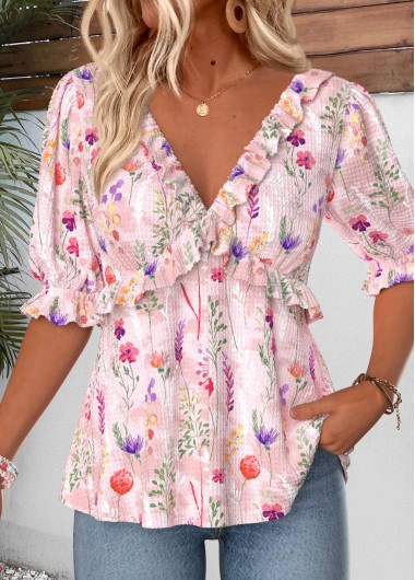 women clothes image of Pink Floral Print Ruffle Half Sleeve V Neck Blouse
