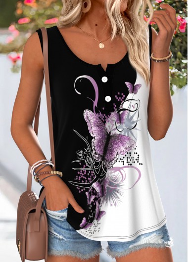 women clothes image of Black Butterfly Print Button Sleeveless Round Neck Tank Top