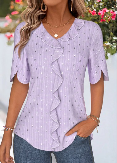 women clothes image of Light Purple Ruffle Half Sleeve V Neck Blouse
