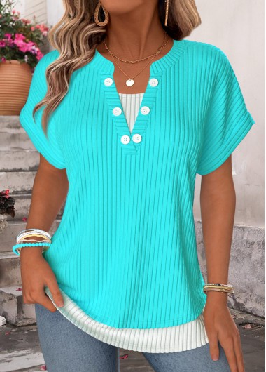 women clothes image of Blue Fake 2in1 Short Sleeve Split Neck T Shirt