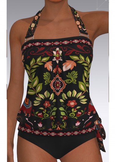women clothes image of Black Mid Waisted Bowknot Tribal Print Tankini Set
