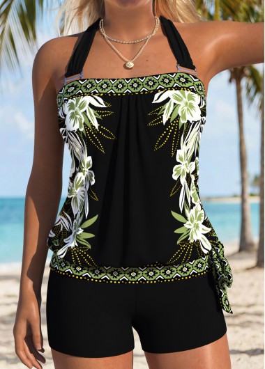 women clothes image of Black Bowknot Floral Print Tankini Top