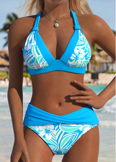 women clothes image of Blue Mid Waisted Patchwork Floral Print Bikini Set