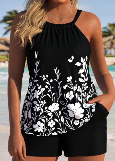 women clothes image of Black Mid Waisted Tube Floral Print Tankini Set