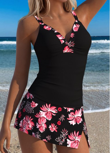 women clothes image of Black Mid Waisted Patchwork Floral Print Tankini Set