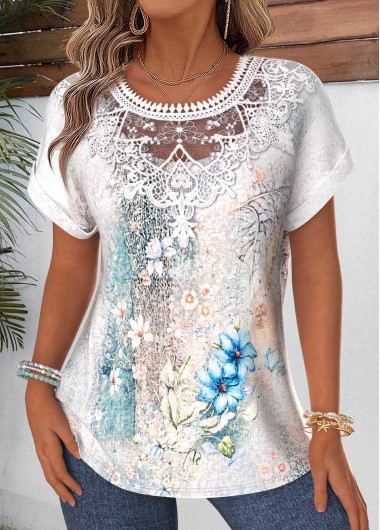 women clothes image of Multi Color Random Floral Print Patchwork Short Sleeve Blouse