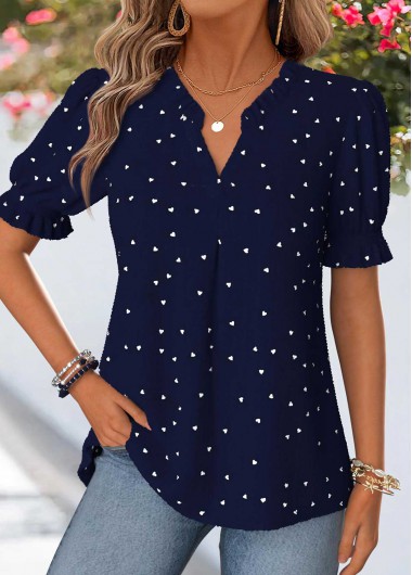 women clothes image of Navy Geometric Print Curved Hem Short Sleeve Blouse