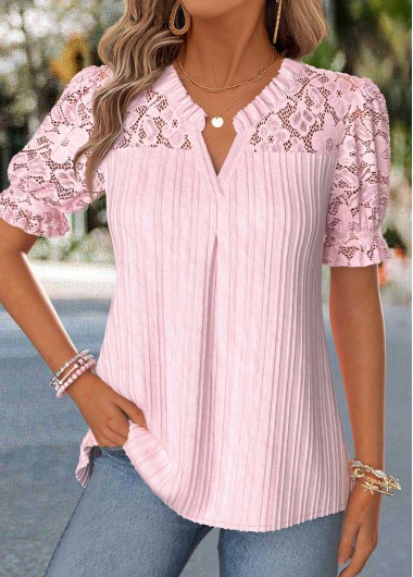 women clothes image of Pink Patchwork Short Sleeve Split Neck Blouse
