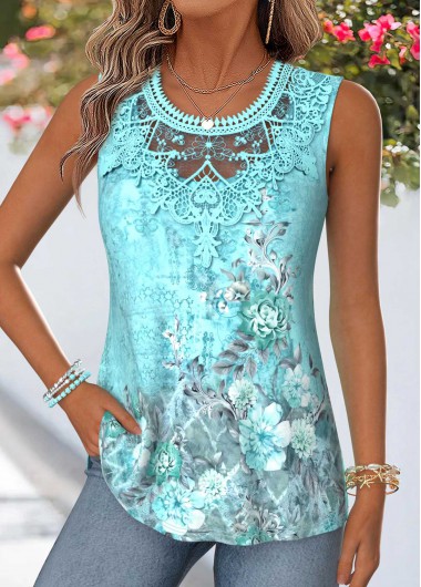 women clothes image of Mint Green Random Floral Print Patchwork Sleeveless Tank Top
