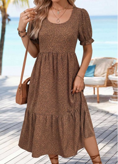 women clothes image of Dark Coffee Leopard Shirred Short Sleeve Scoop Neck Dress