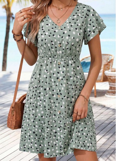 women clothes image of Sage Green Polka Dot Short Shirred V Neck Dress