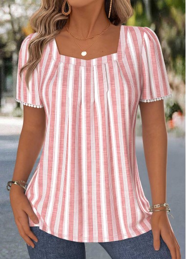 women clothes image of Pink Striped Pleated Short Sleeve Square Neck T Shirt