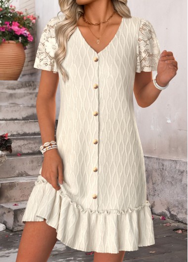 women clothes image of Beige Short Tummy Coverage V Neck Dress