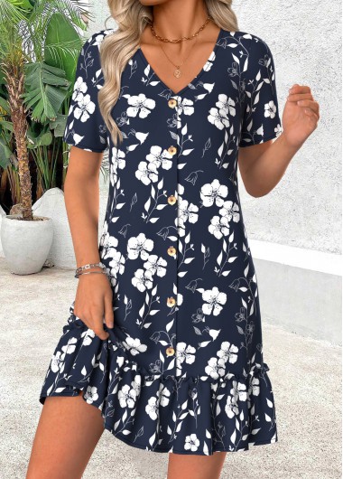 women clothes image of Navy Floral Print Short Tummy Coverage V Neck Dress