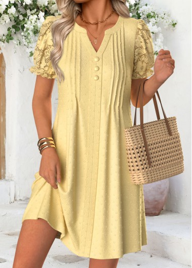 women clothes image of Yellow Short Tummy Coverage Split Neck Dress