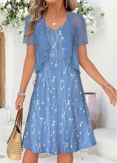 women clothes image of Dusty Blue Leaf Print Two-piece Dress and Cardigan