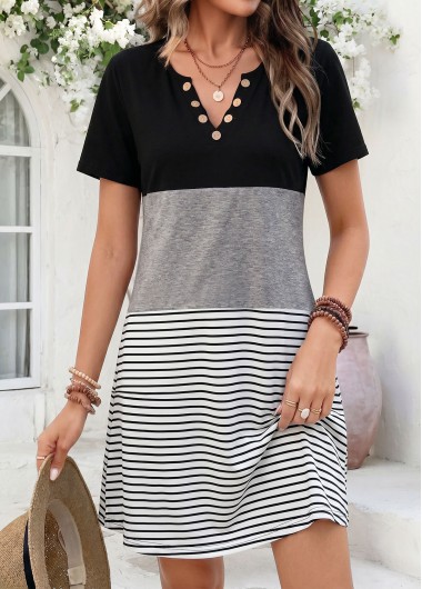 women clothes image of Black Striped Short Patchwork Split Neck Dress