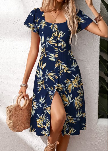 women clothes image of Navy Leaf Print Tummy Coverage Short Sleeve Dress