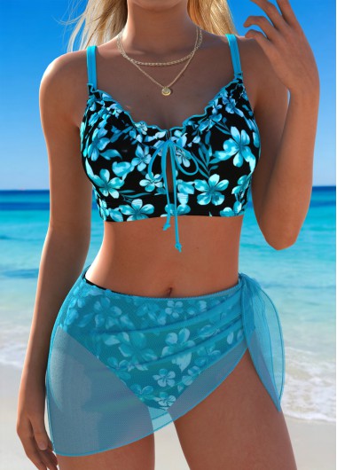 women clothes image of Black Low Waisted Three-piece Floral Print Bikini Set