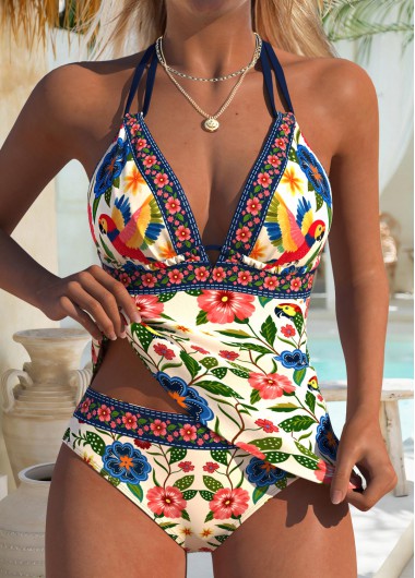 women clothes image of Beige Mid Waisted Lace Up Tankini Set