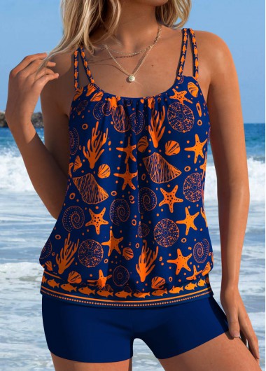 women clothes image of Navy Mid Waisted Blouson Marine Life Print Tankini Set