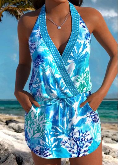women clothes image of Blue Mid Waisted Three-piece Marine Life Print Tankini Set