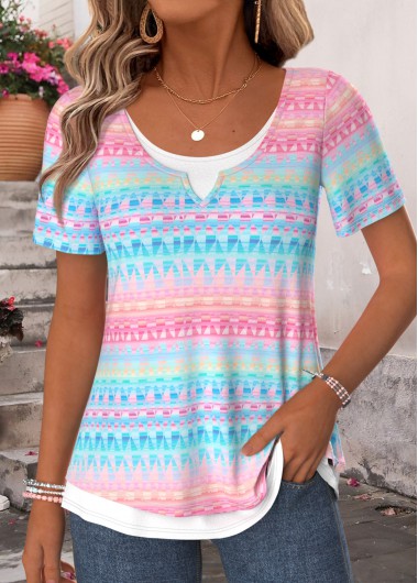 women clothes image of Multi Color Geometric Print Fake 2in1 T Shirt