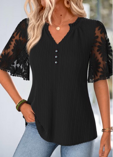 women clothes image of Black Ruffle Half Sleeve Split Neck T Shirt