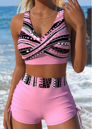 women clothes image of Pink Mid Waisted Surplice Tribal Print Bikini Set
