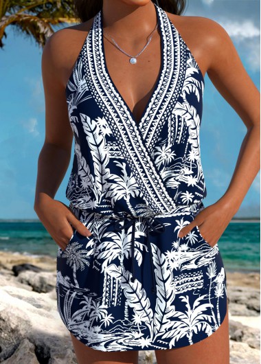 women clothes image of Navy Mid Waisted Three-piece Tropical Plants Print Tankini Set