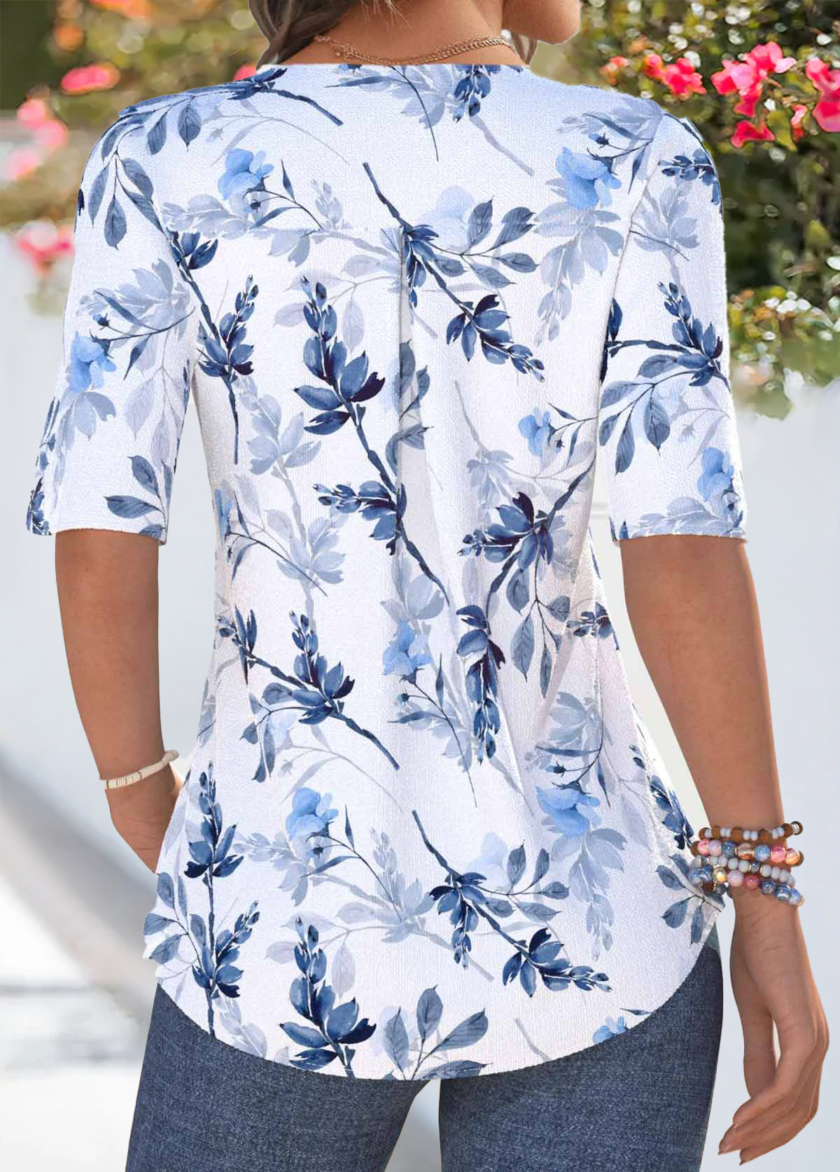 Light Blue Ruffle Leaf Print 3/4 Sleeve Blouse | picture 