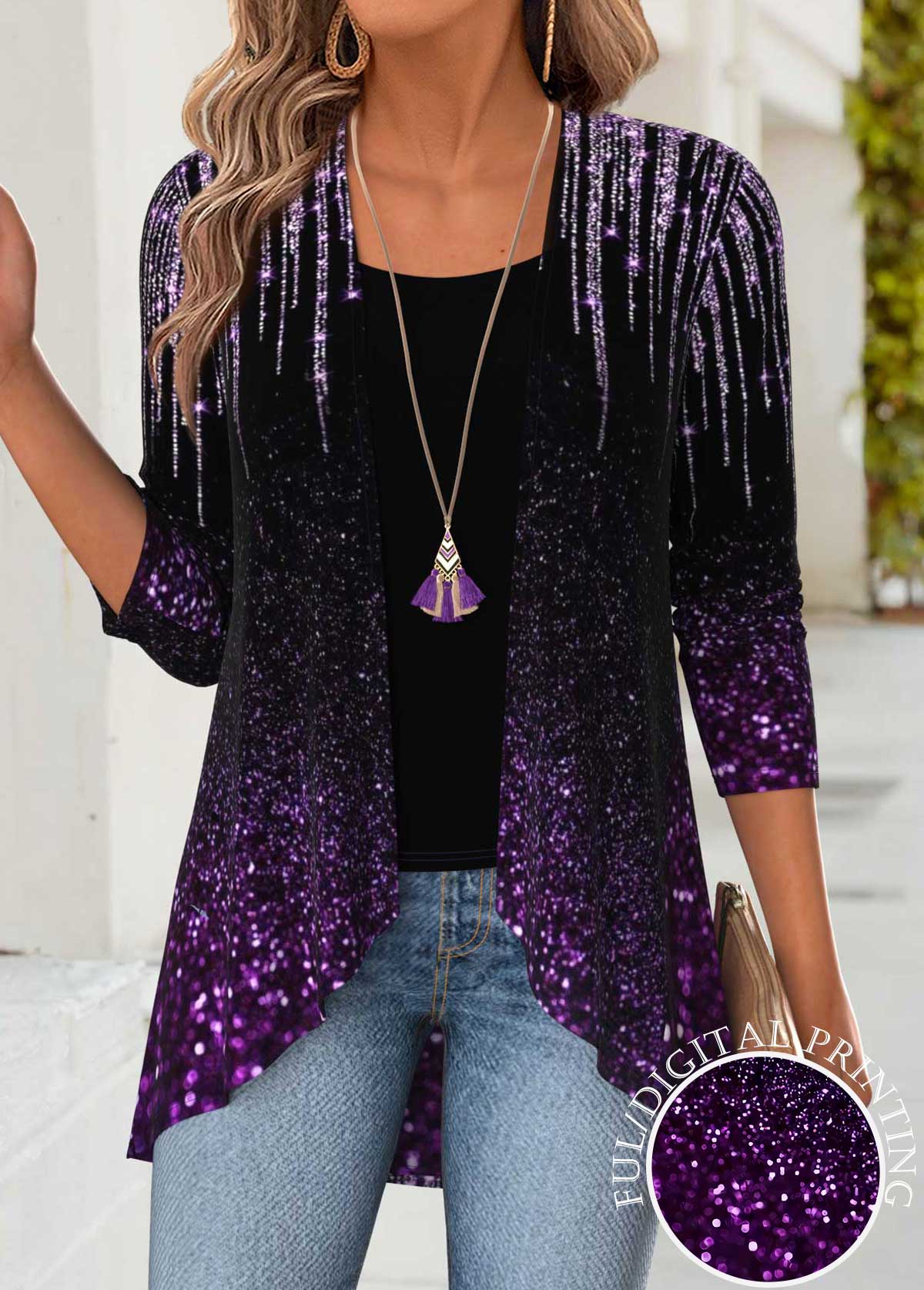 Purple Tummy Coverage Ombre Long Sleeve Lightweight Cardigan | picture 