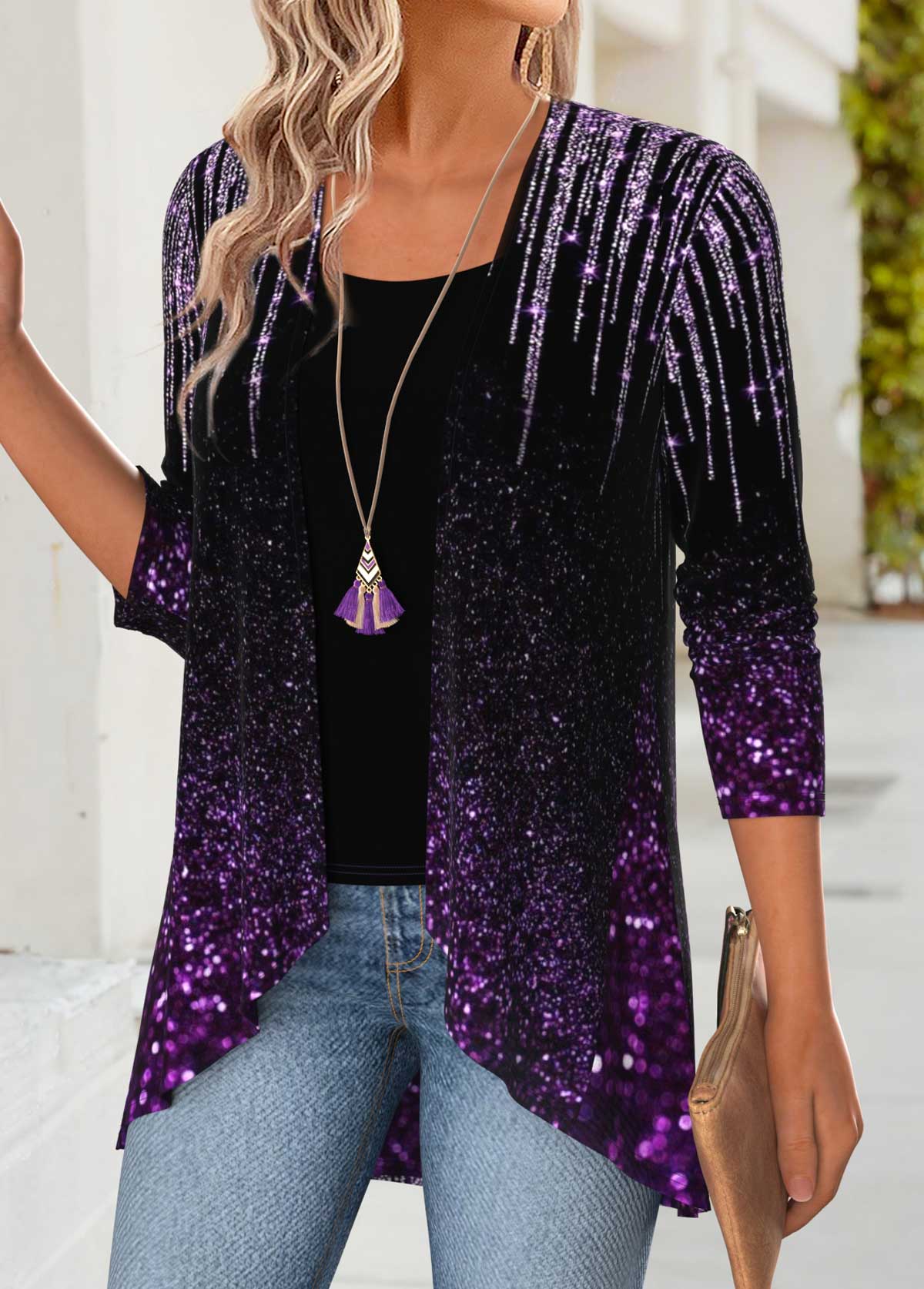 Purple Tummy Coverage Ombre Long Sleeve Lightweight Cardigan | picture 