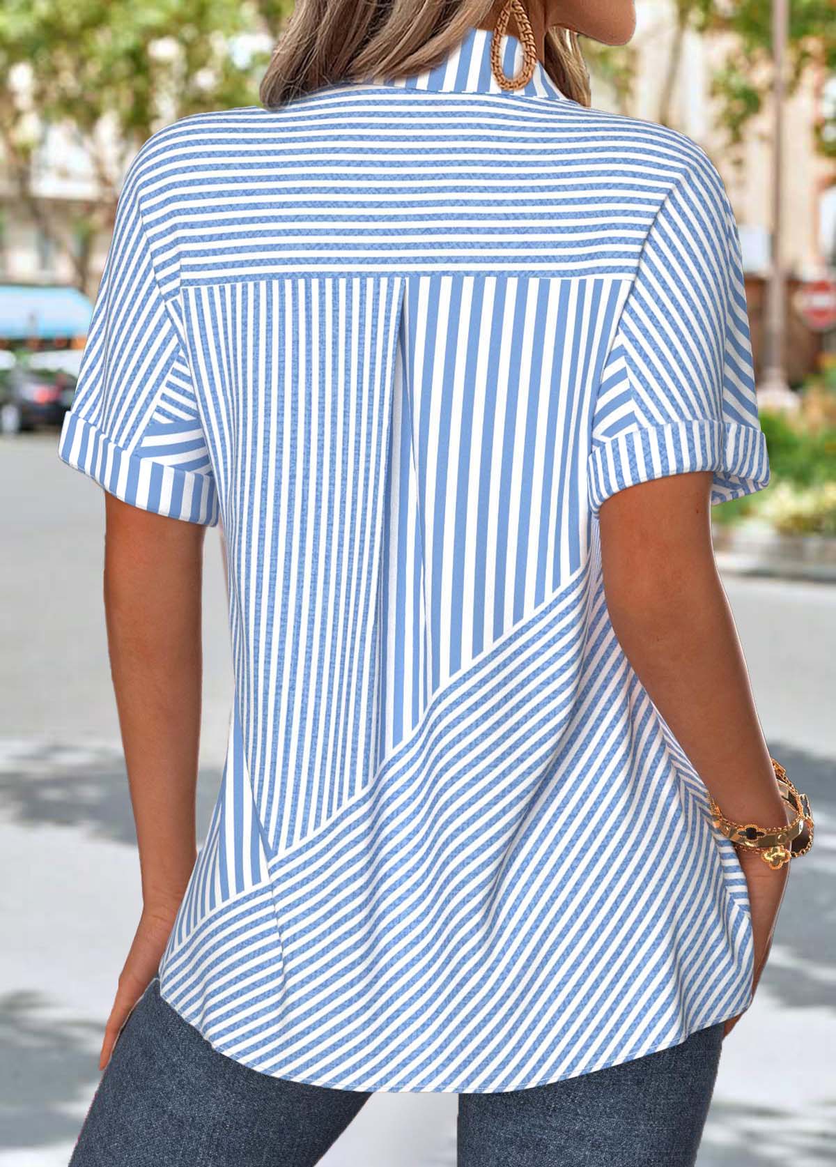 Light Blue Striped Patch Pocket Short Sleeve Shirt | picture 