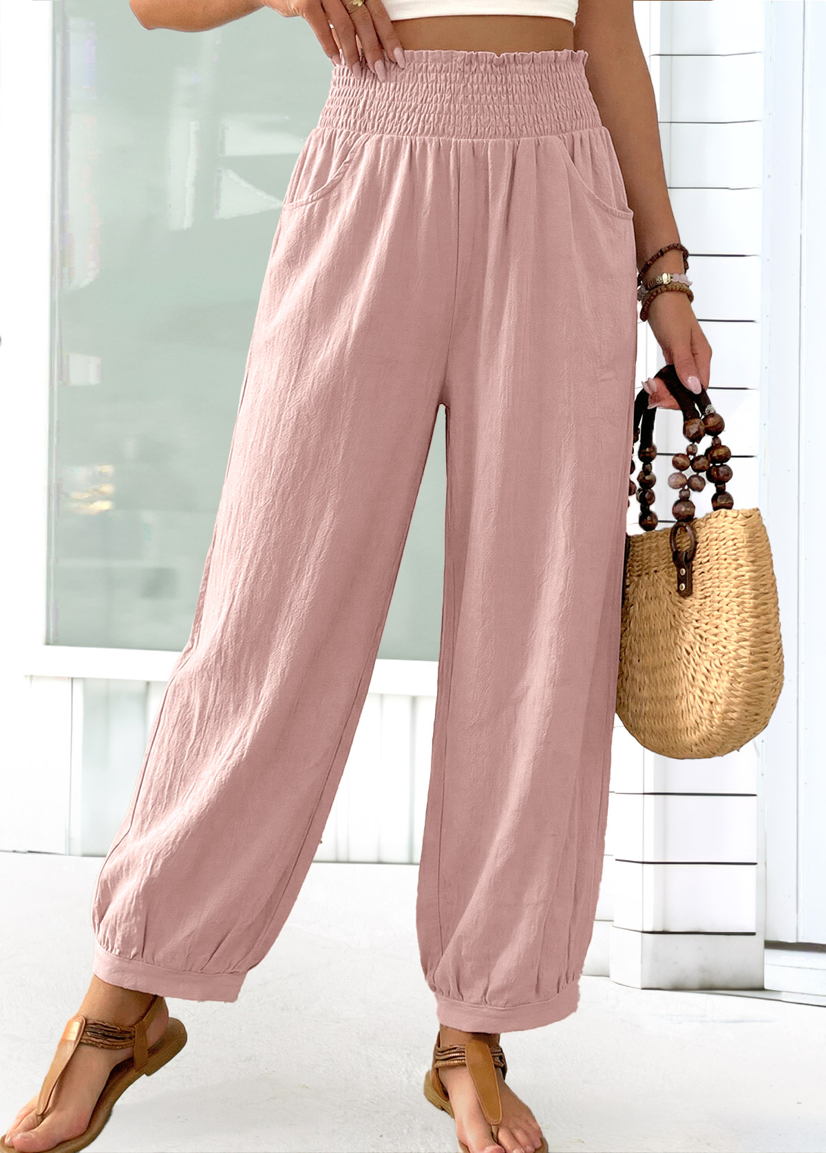 Pink Jogger Elastic Waist High Waisted Pants | picture 