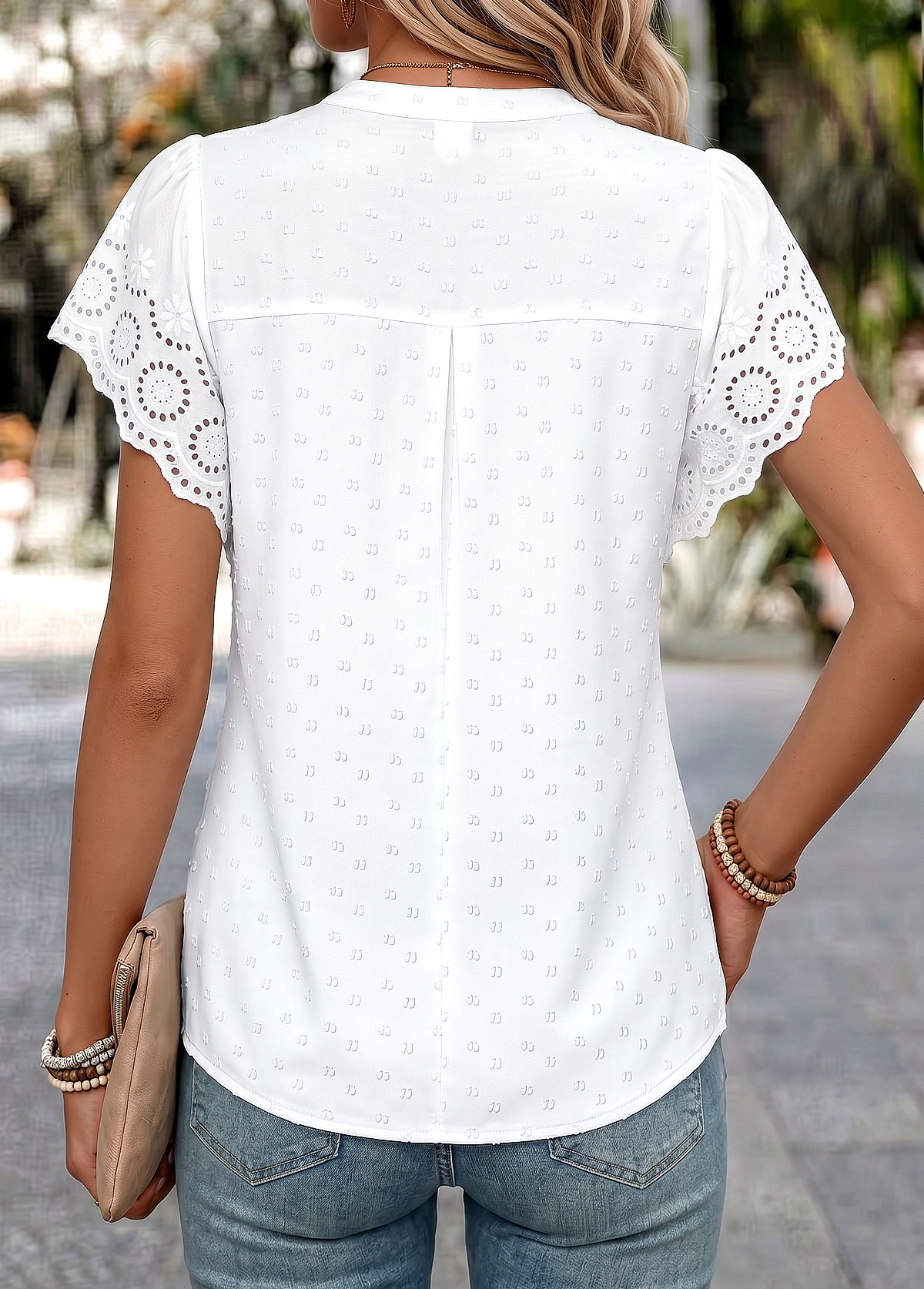 White Patchwork Short Sleeve Split Neck Blouse | picture 