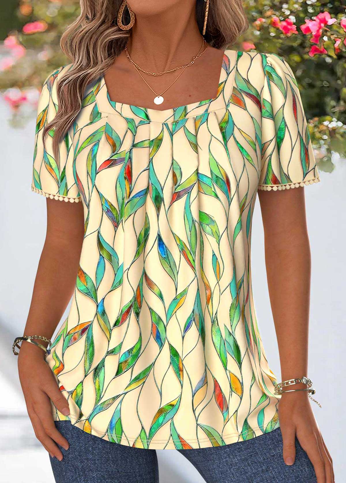 Multi Color Leaf Print Pleated Short Sleeve T Shirt | picture 