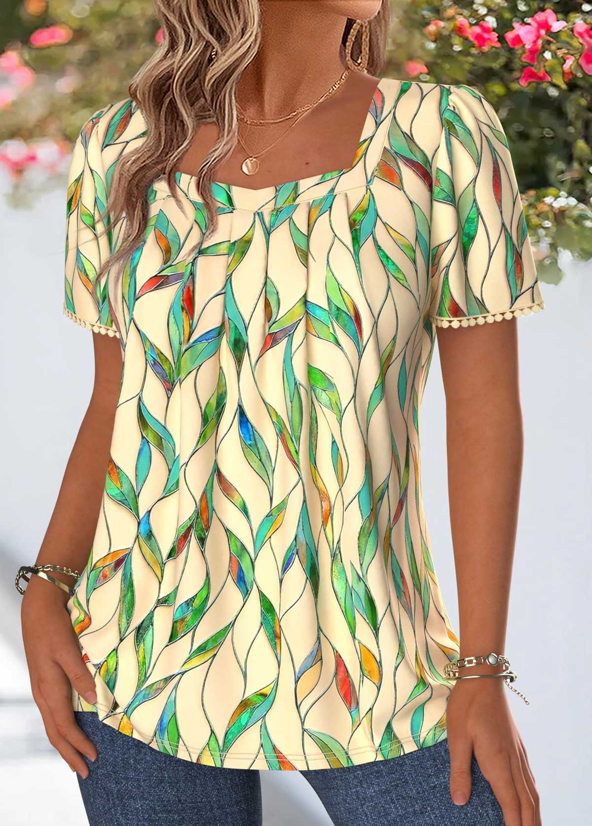 Multi Color Leaf Print Pleated Short Sleeve T Shirt | picture 