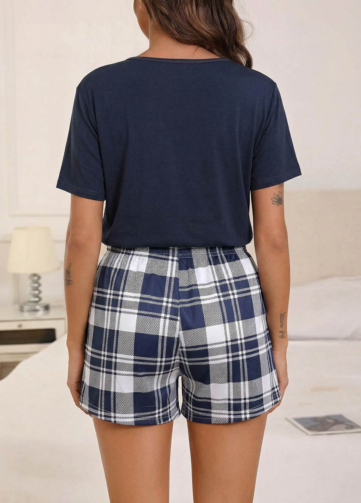 Navy Plaid Short Sleeve Lounge Top and Shorts | picture 