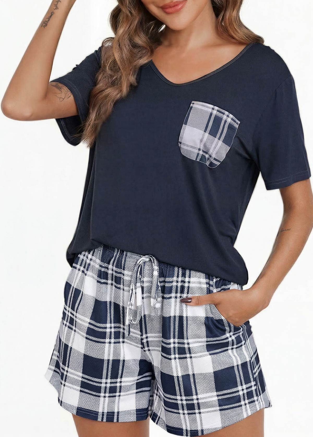 Navy Plaid Short Sleeve Lounge Top and Shorts | picture 