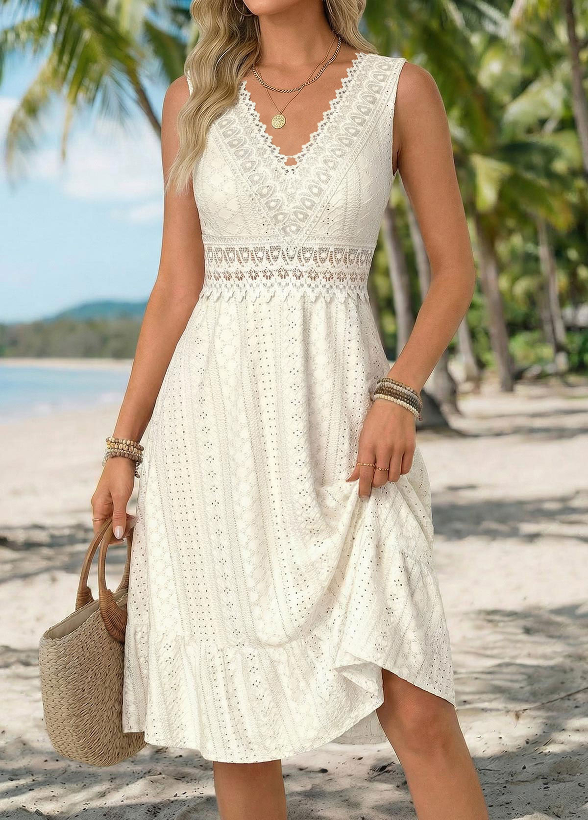Beige Shirred Sleeveless V Neck Dress-an amazing $43.98-Dresses for Women  396111 |Modlily