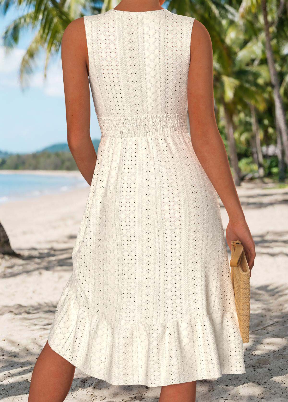 Beige Shirred Sleeveless V Neck Dress | picture 