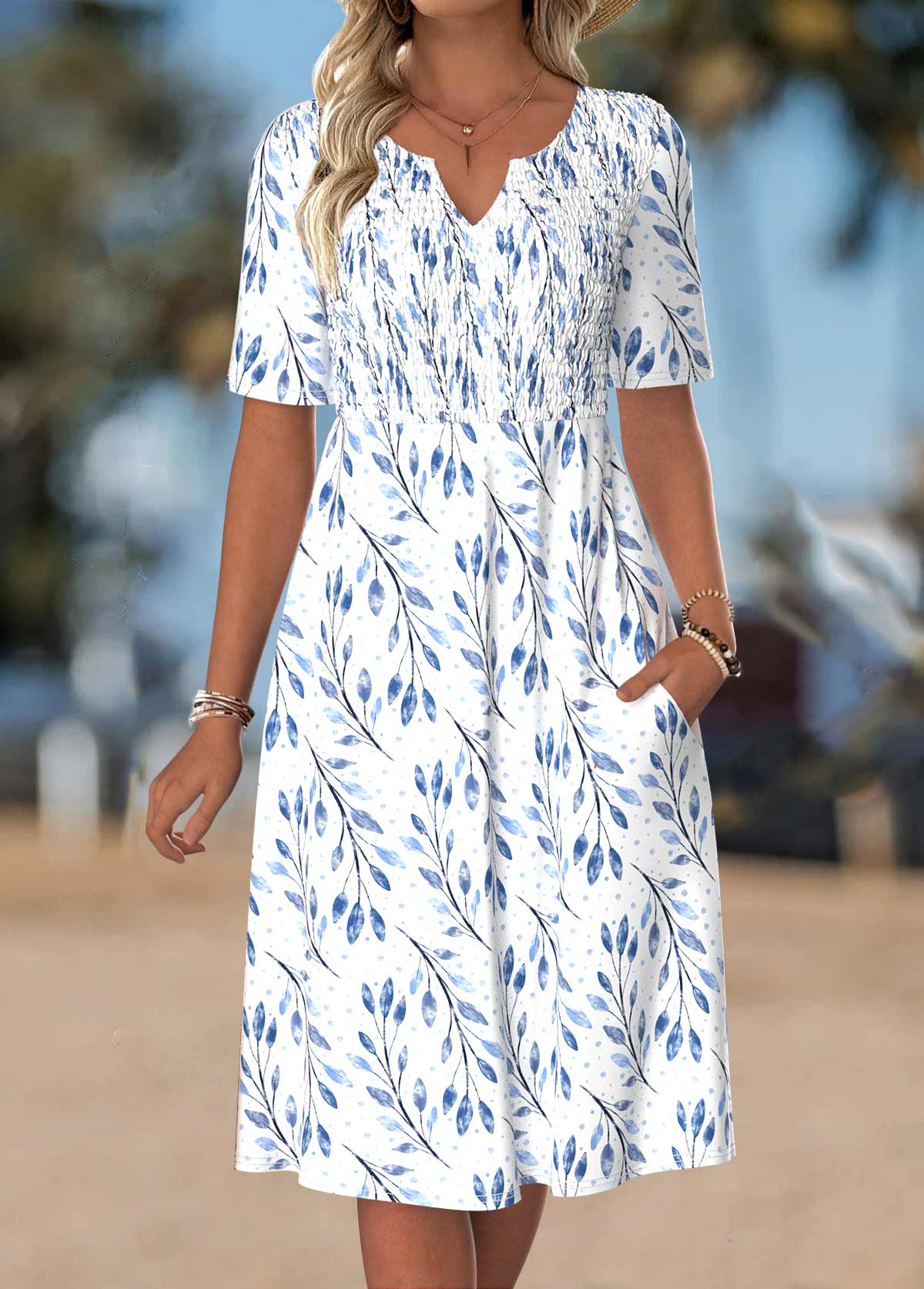 White Leaf Print Smocked Short Sleeve Split Neck Dress | picture 
