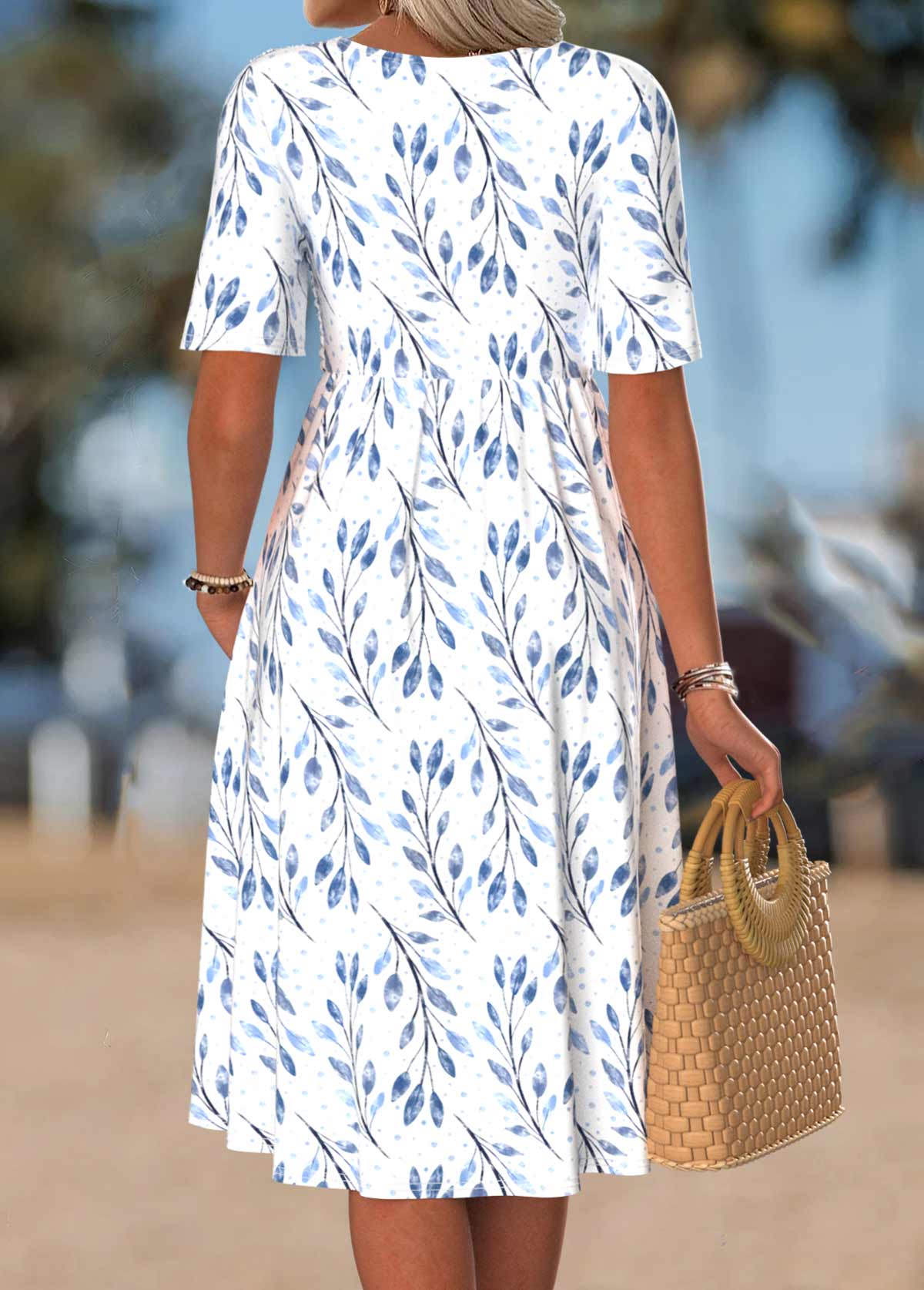 White Leaf Print Smocked Short Sleeve Split Neck Dress | picture 