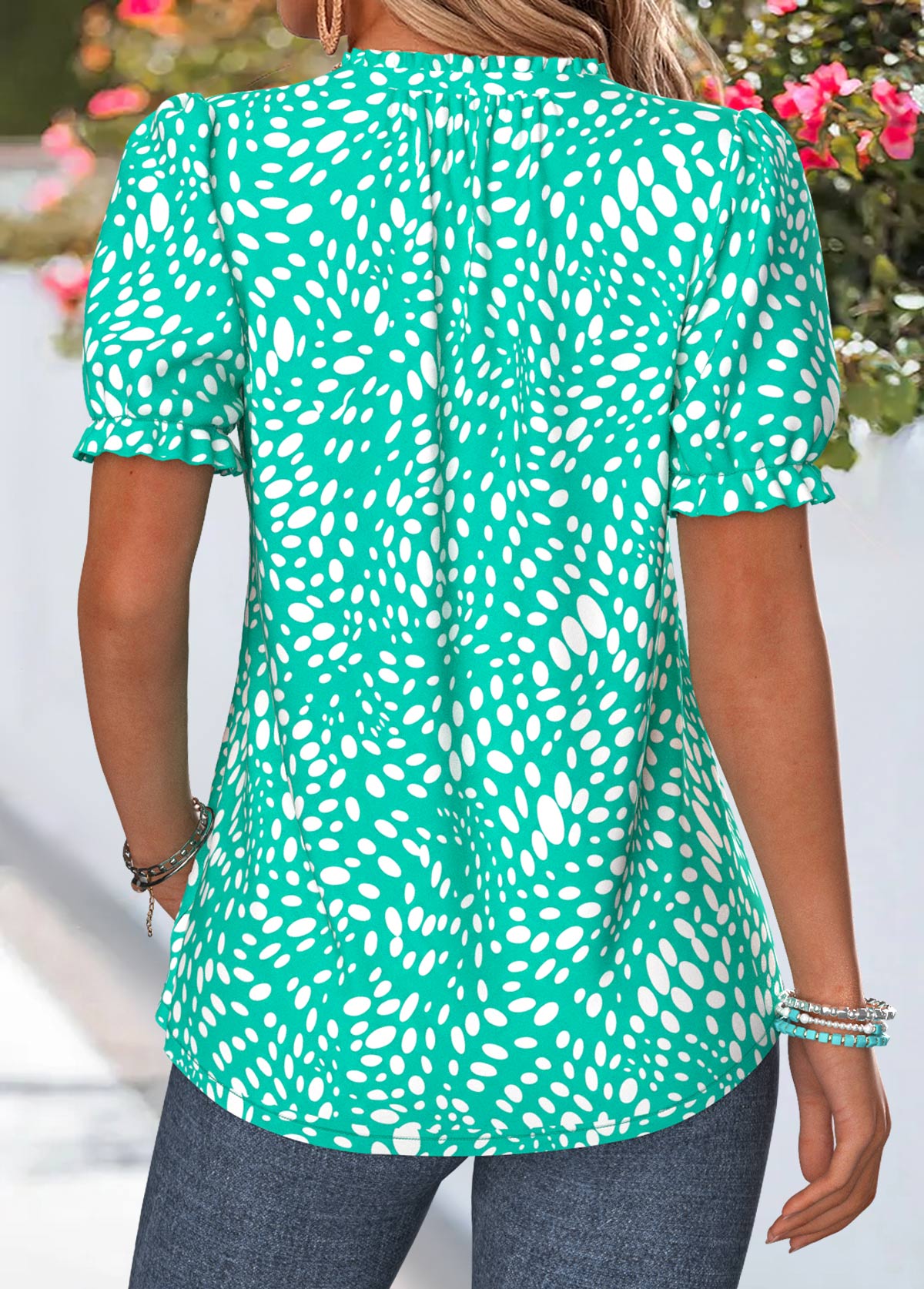Cyan Geometric Print Frill Short Sleeve T Shirt | picture 
