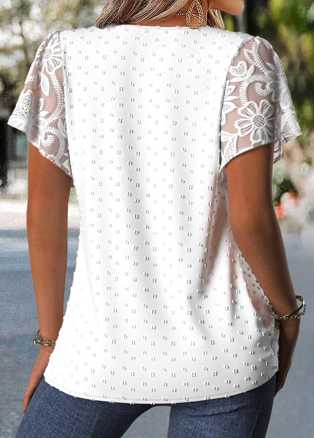 Raw White Patchwork Short Sleeve Round Neck Blouse | picture 