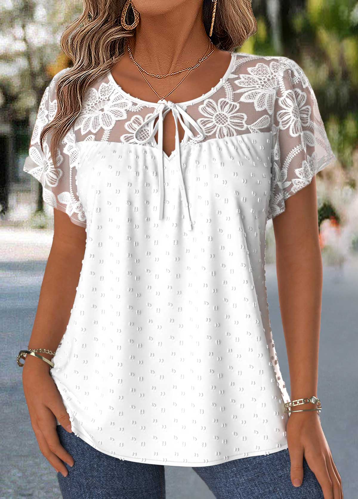 Raw White Patchwork Short Sleeve Round Neck Blouse | picture 