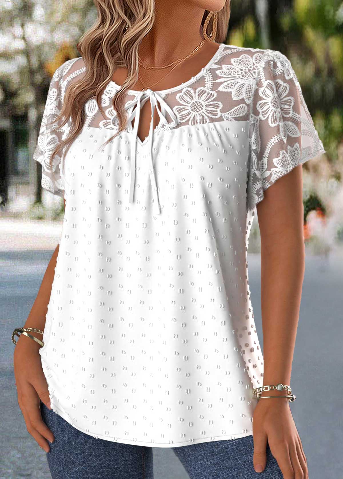 Raw White Patchwork Short Sleeve Round Neck Blouse | picture 